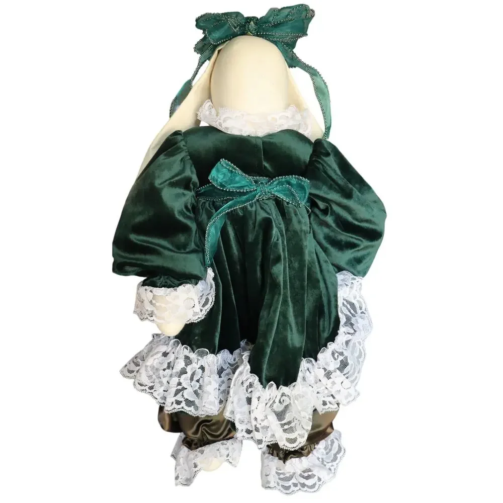 Vintage 80s 90 Handmade Bunny Rabbit Doll Green Velvet Dress Lace Cottagecore